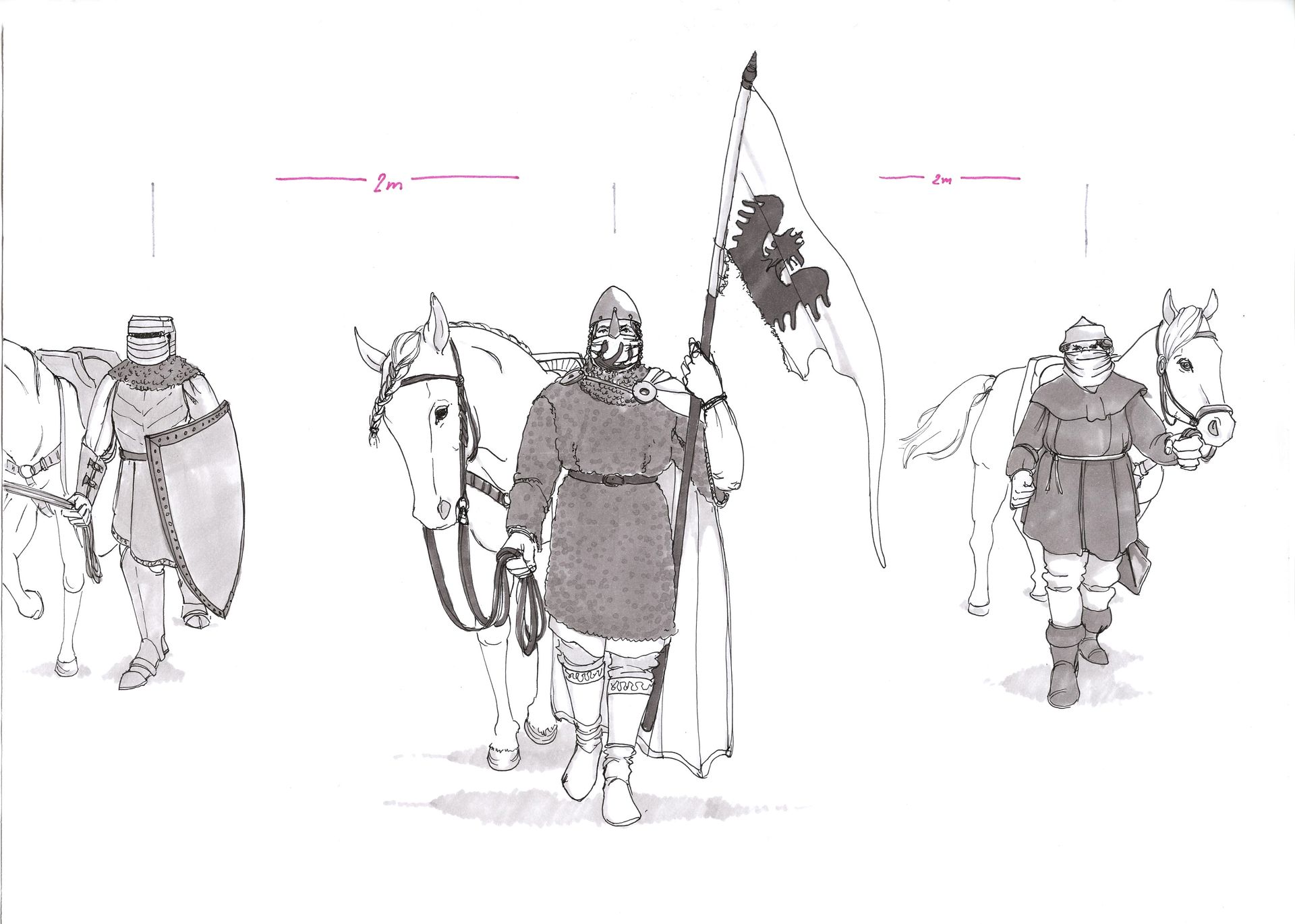 Three armed men leading horses. In the front walks Saint Wenceslaus; he holds a white banner with an eagle, only its bottom part has been torn off to be used as a makeshift face mask. Behind him on the right side walks a stereotypical knight in full armor and helmet, on the other a Hussite with a scarf as a mask. Their distance is marked out with a line and labeled as 2 meters.